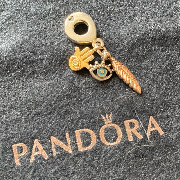 Pandora Hamsa, All-seeing Eye & Feather Spirituality Dangle tri-tone Charm - Picture 1 of 3